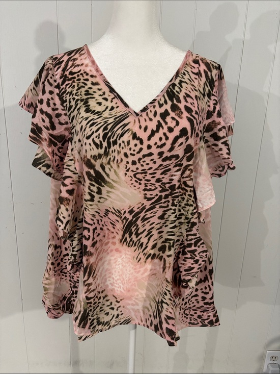 Jennifer Lopez Tops - Jennifer Lopez Pink Leopard Print V-Neck Ruffle Sleeve Top